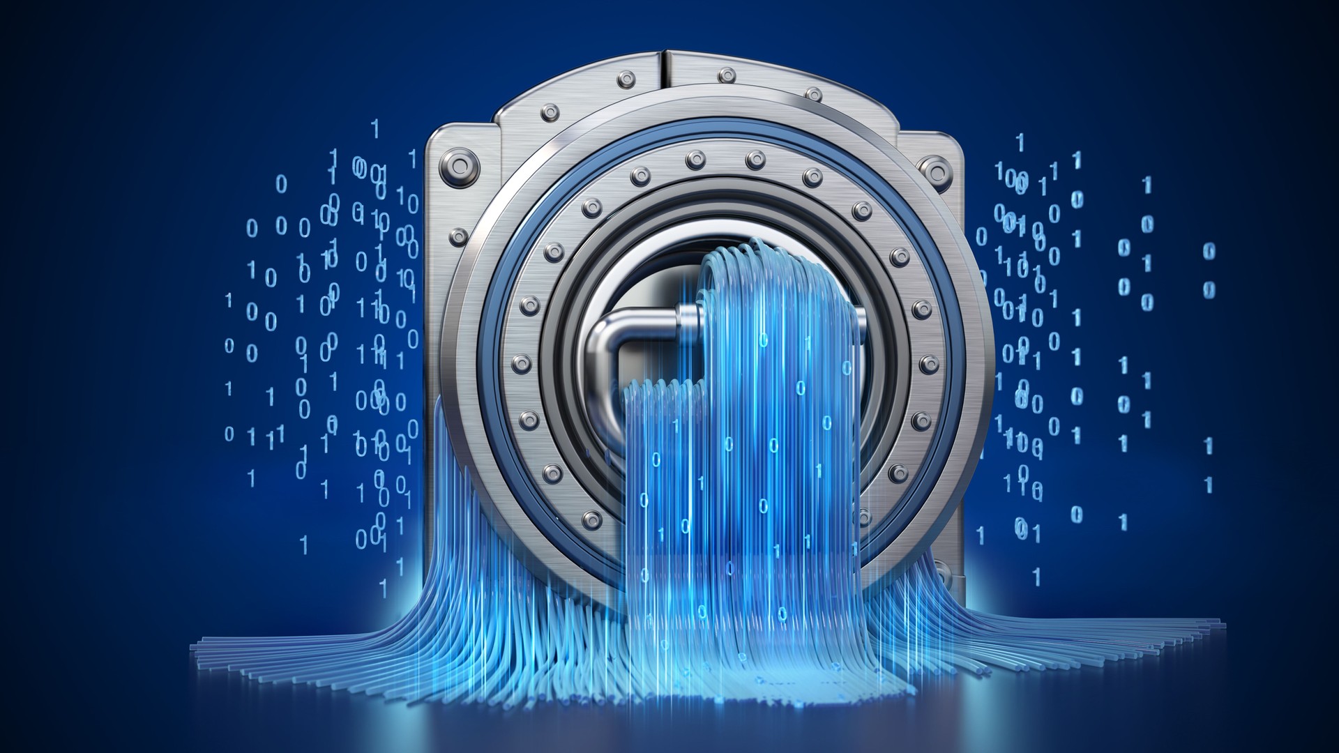 Digital data flowing through a secure vault in a futuristic design. Data breach concept